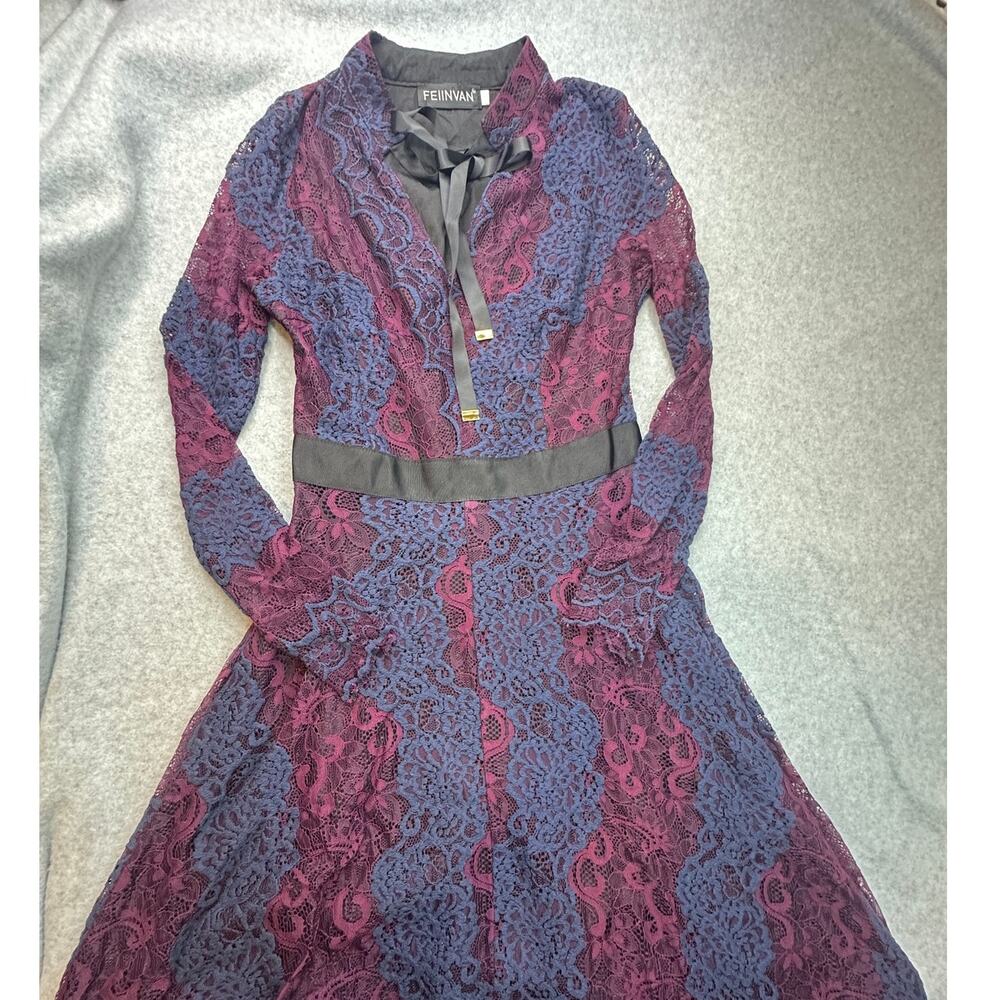 FEINVAN Burgundy & Navy Lace Midi Dress Whimsigoth Boho Gorp